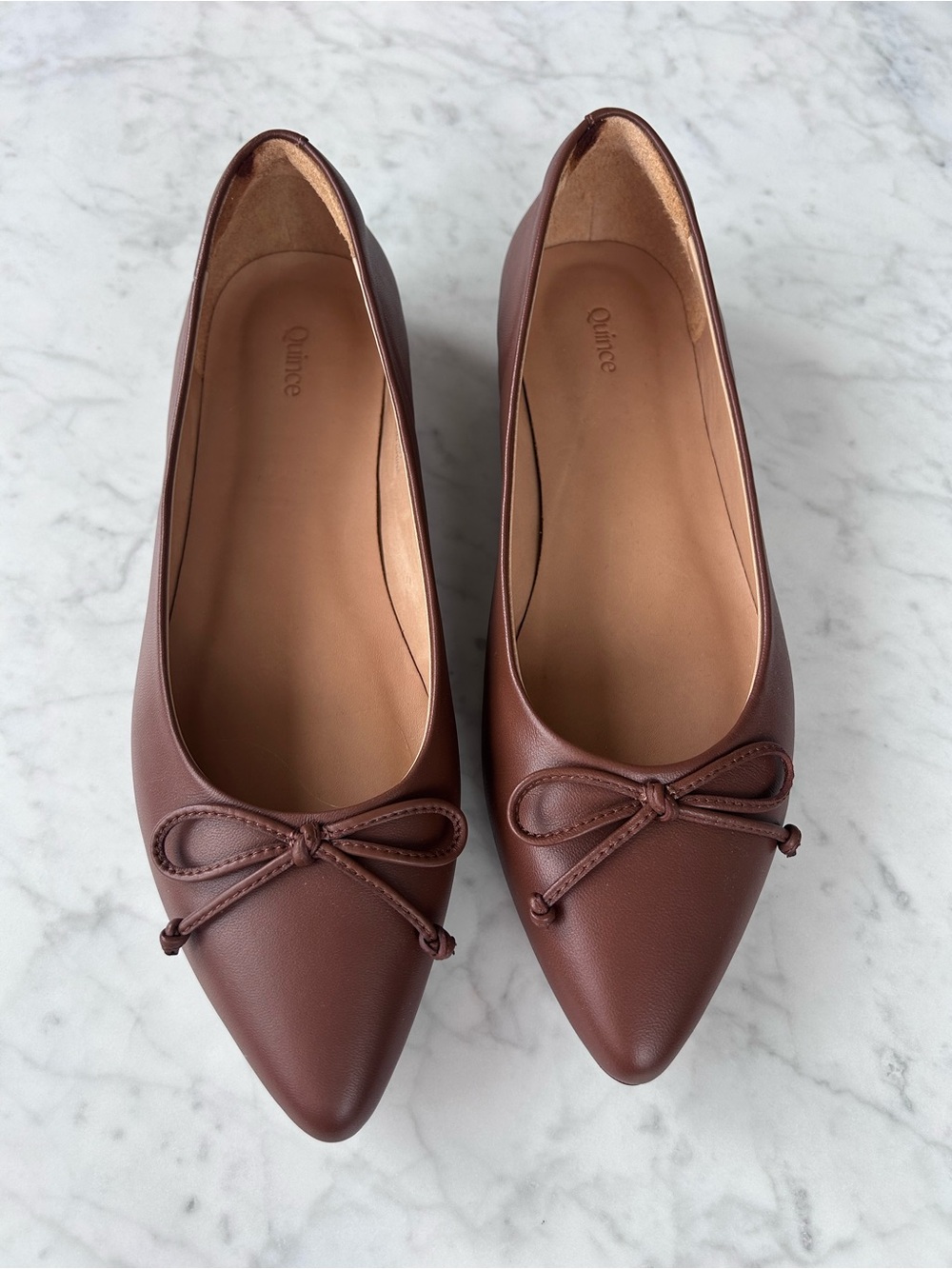 Quince Women's Italian Leather Pointed Bow Flat in Congac